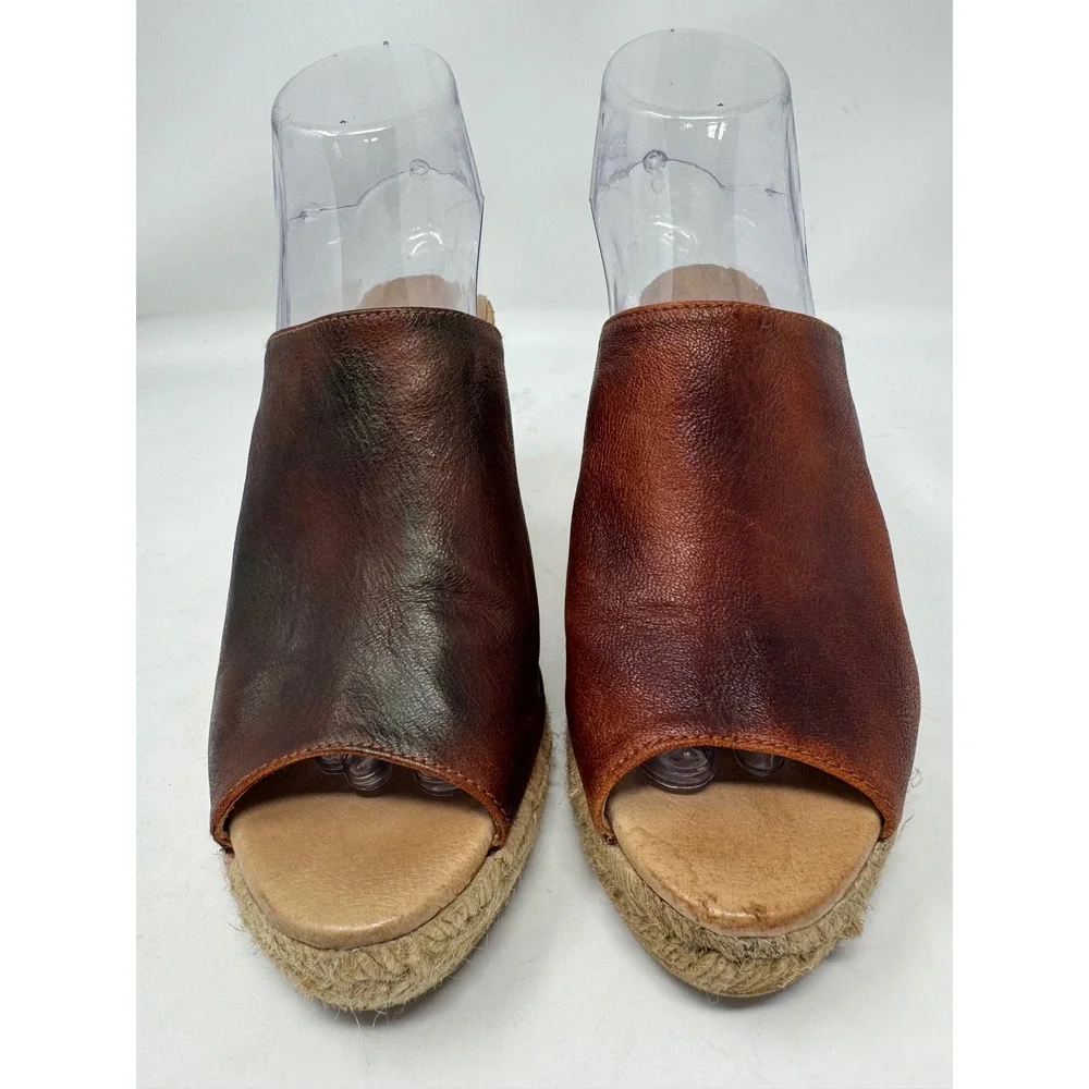 Gaimo Spain Brown Leather Espadrille Wedge Sandals Peep Toe Mules Women 38